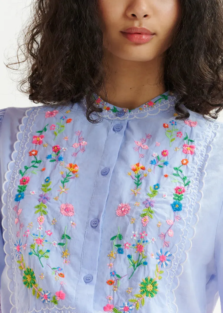 Essentiel Antwerp Horange Light Blue, green and pink floral embroidered shirt with mandarin collar