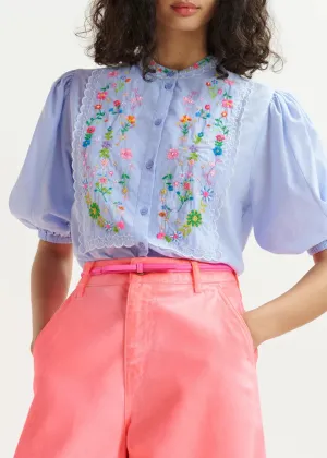 Essentiel Antwerp Horange Light Blue, green and pink floral embroidered shirt with mandarin collar