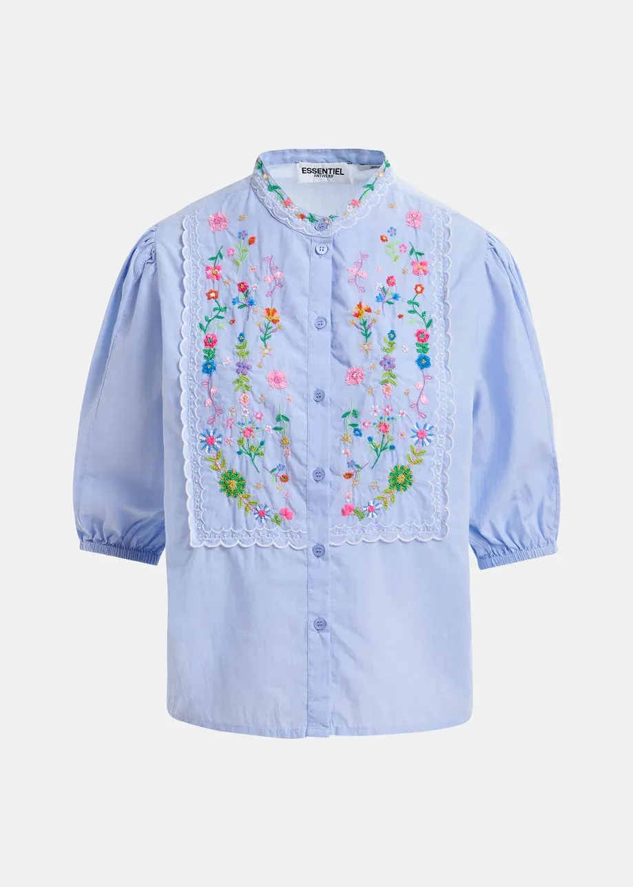 Essentiel Antwerp Horange Light Blue, green and pink floral embroidered shirt with mandarin collar