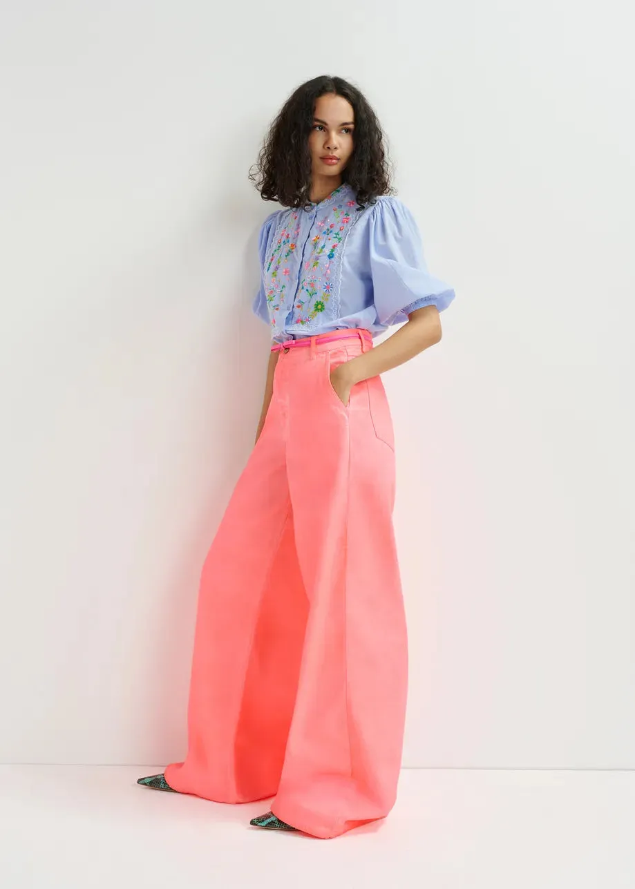 Essentiel Antwerp Horange Light Blue, green and pink floral embroidered shirt with mandarin collar