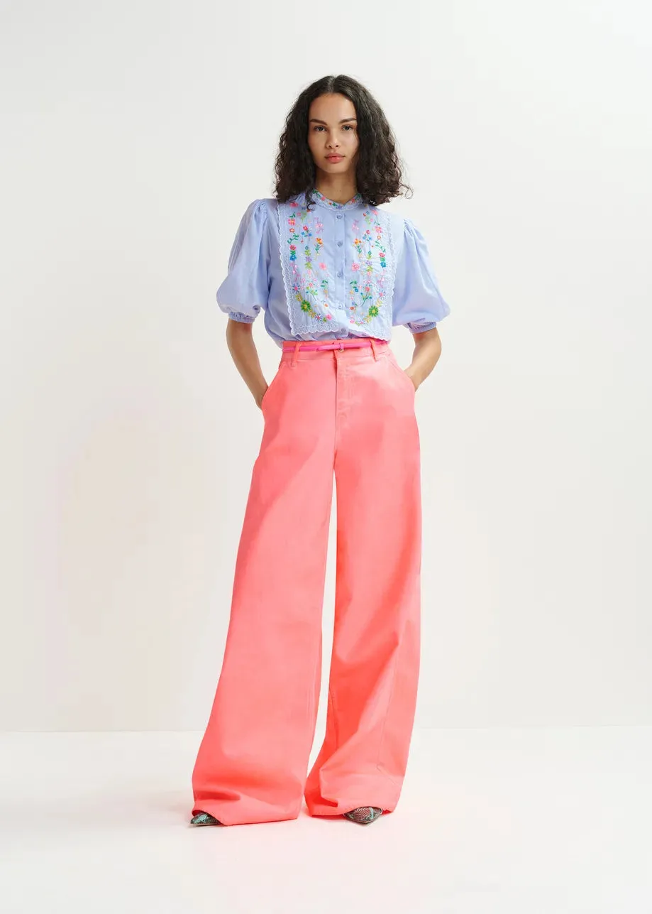 Essentiel Antwerp Horange Light Blue, green and pink floral embroidered shirt with mandarin collar
