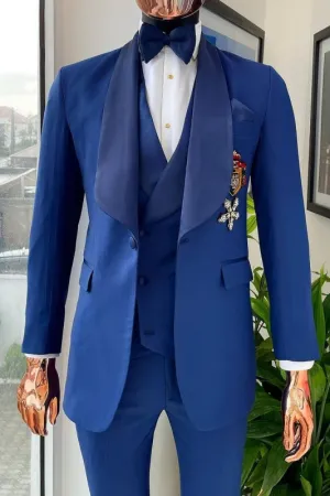 Fancy Blue 3 Piece Wedding Suit with Navy Blue Shawl Lapel