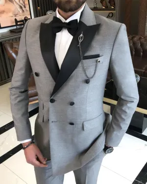 Fashion Gray Double Breasted Slim Fit Peaked Lapel Prom Men Suits
