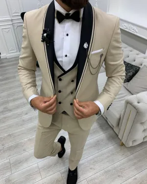 Fashion Khaki Best Fitting Three Pieces Shawl Lapel Prom Men Suits