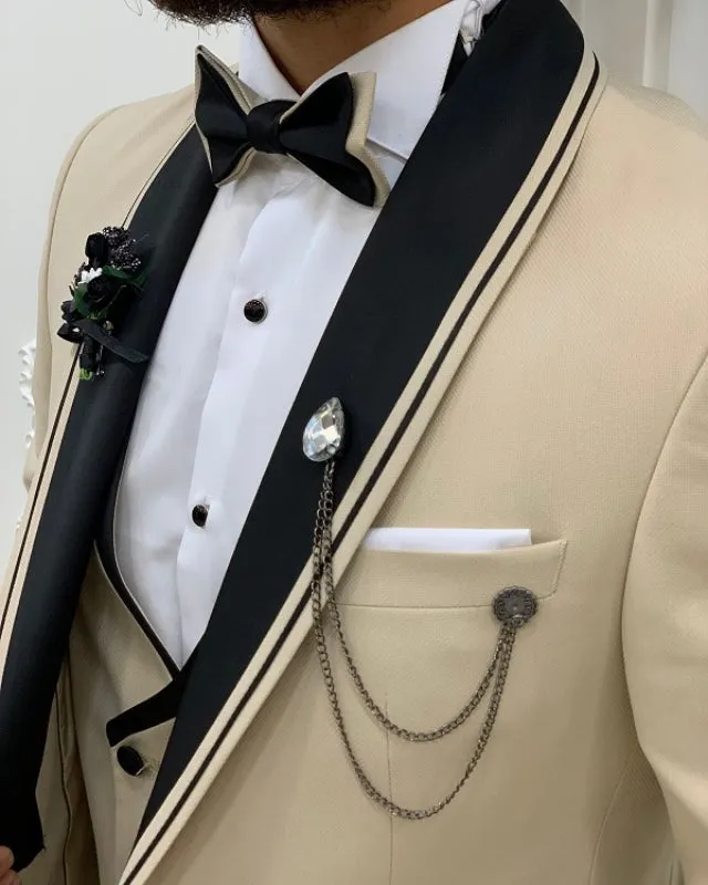 Fashion Khaki Best Fitting Three Pieces Shawl Lapel Prom Men Suits