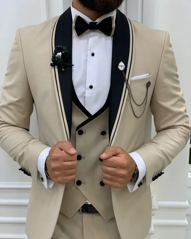 Fashion Khaki Best Fitting Three Pieces Shawl Lapel Prom Men Suits