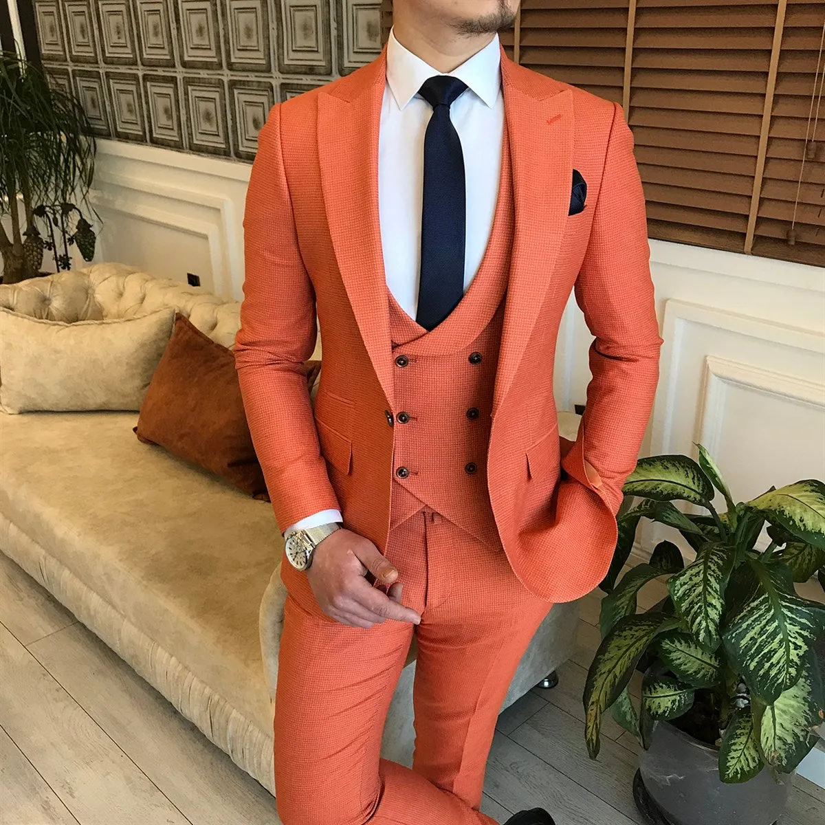 Fashion Orange Three Pieces Peaked Lapel Prom Men Suit