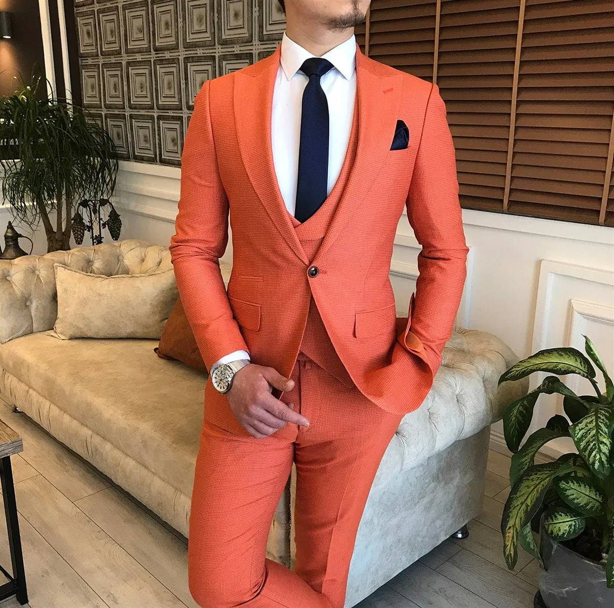 Fashion Orange Three Pieces Peaked Lapel Prom Men Suit