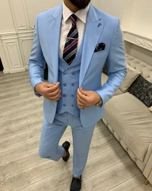 Fashion Sky Blue Close Fitting Three Pieces Peaked Lapel Prom Men Suits