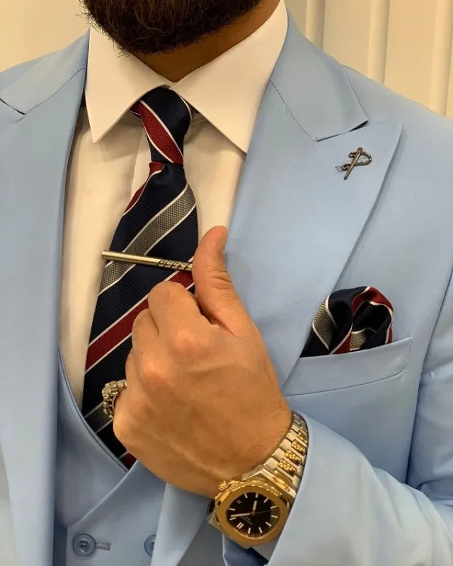 Fashion Sky Blue Close Fitting Three Pieces Peaked Lapel Prom Men Suits
