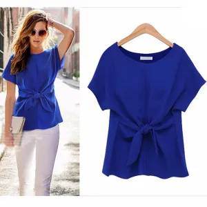 fashion women Bowknot blouses O-neck short sleeve shirts chiffon casual vintage tops plus size 4XL blouse
