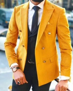 Fashion Yellow Corduroy Double Breasted Peaked Lapel Prom Men Suits