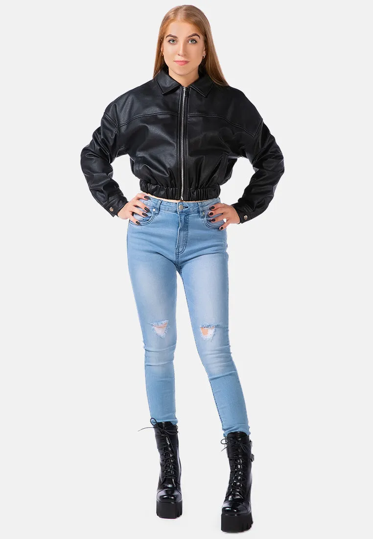 Faux Leather Elasticated Hem Cropped Jacket