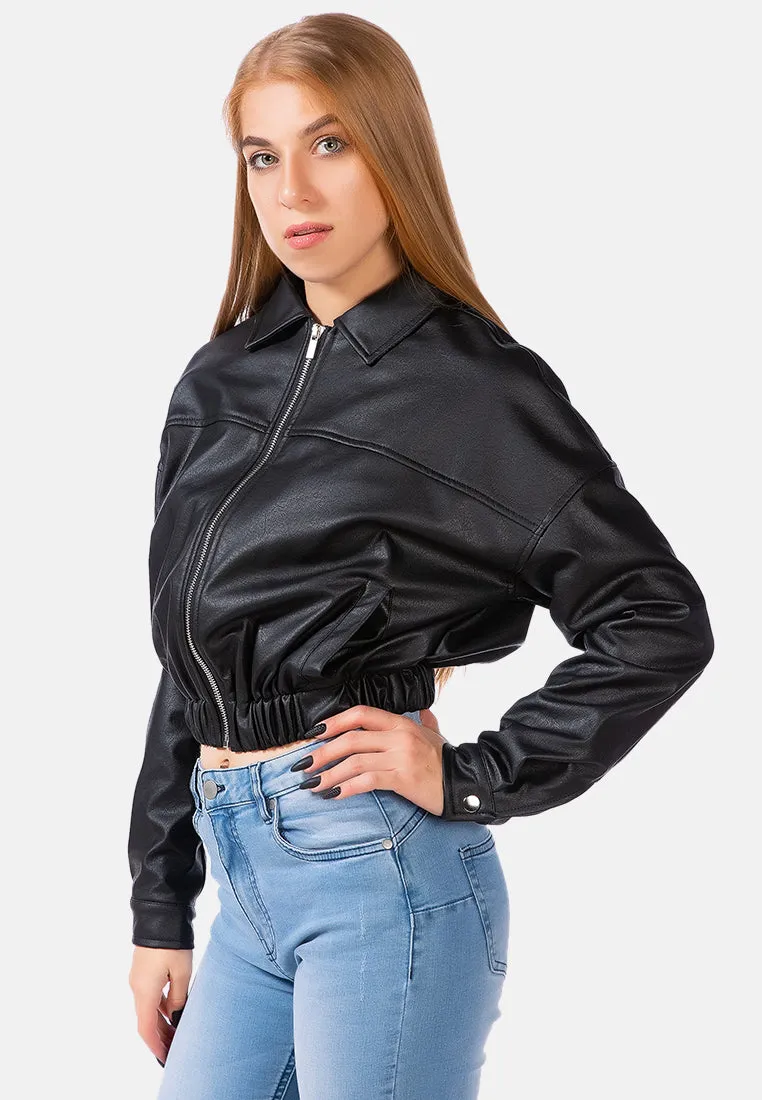 Faux Leather Elasticated Hem Cropped Jacket