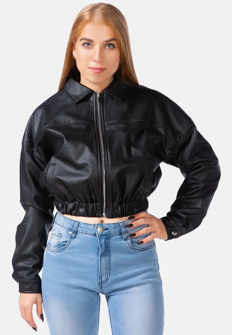 Faux Leather Elasticated Hem Cropped Jacket