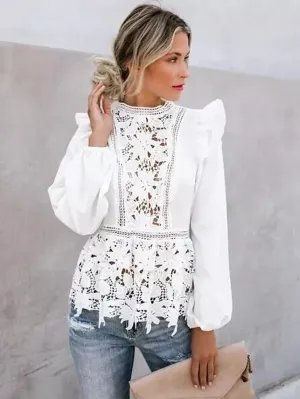 Floral Lace White Tops Blouses Hollow Back