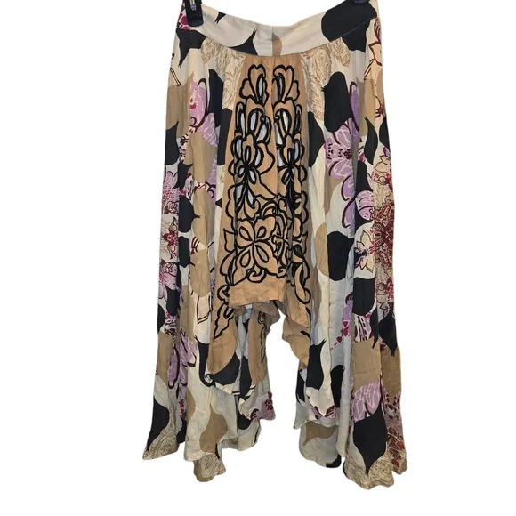 Free People Black and Tan Vintage  Asymmetrical Midi Skirt Size 6