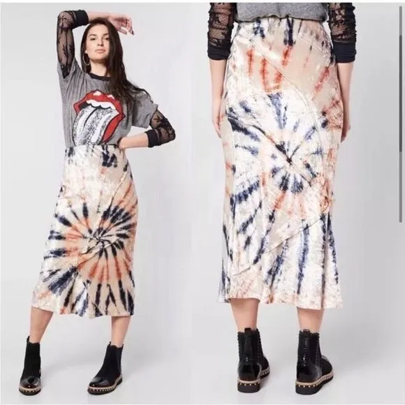 Free People Swagger Tie Dye Velvet Midi Skirt Sz S High Waist Boho Whimsigoth