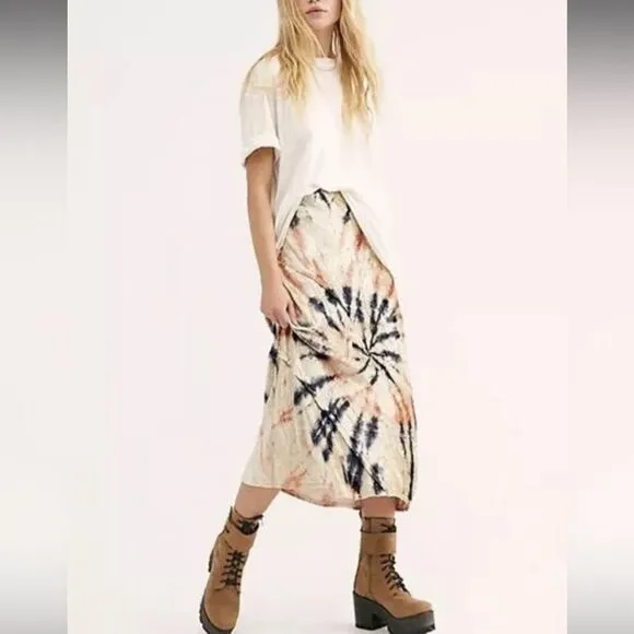 Free People Swagger Tie Dye Velvet Midi Skirt Sz S High Waist Boho Whimsigoth