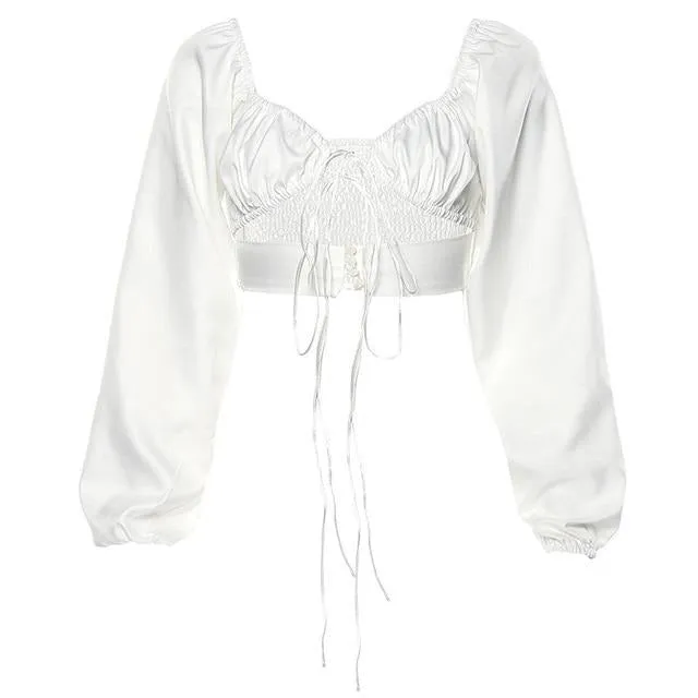 French Romance White Crop Tops Women Autumn Sexy  Hollow Out Long Sleeve V Neck Top Ladies Casual Solid Blouses New