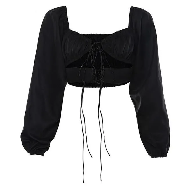 French Romance White Crop Tops Women Autumn Sexy  Hollow Out Long Sleeve V Neck Top Ladies Casual Solid Blouses New