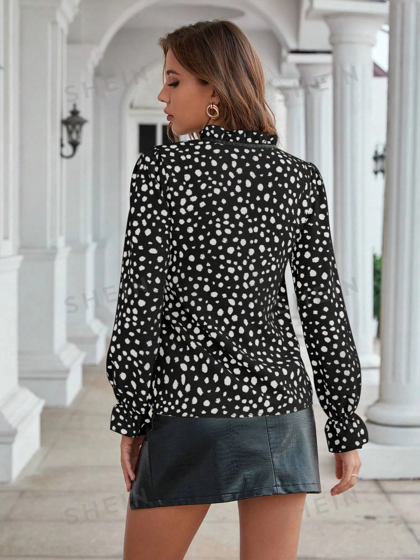 Frenchy Dalmatian Print Tie Neck Flounce Sleeve Blouse
