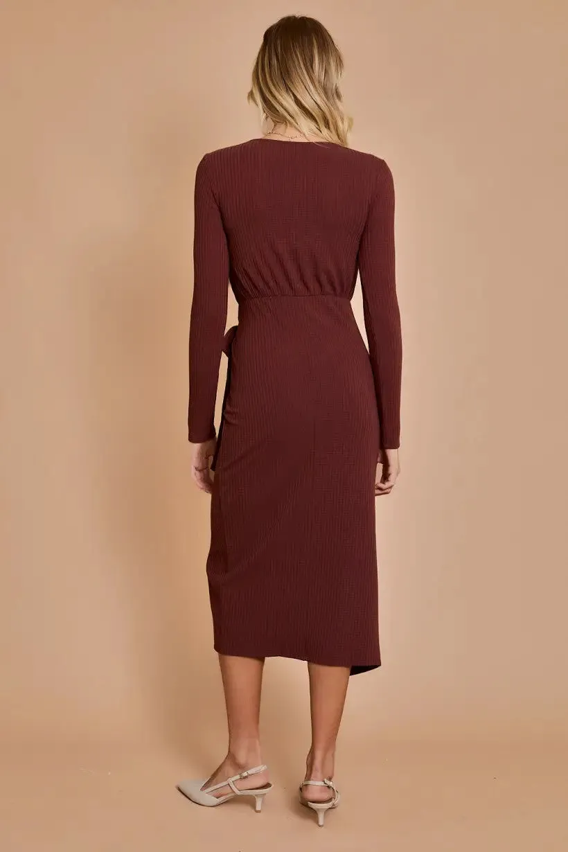 FRONT WRAP TIE LONG SLEEVE MIDI DRESS