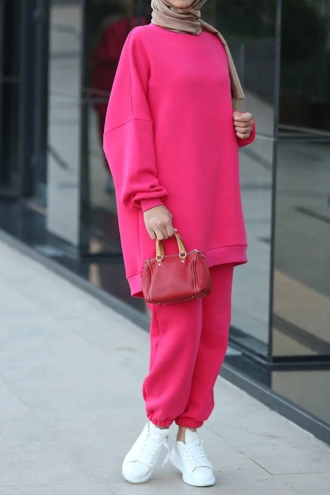 Fuchsia pink Oversized boxy sweatshirt set with track pants