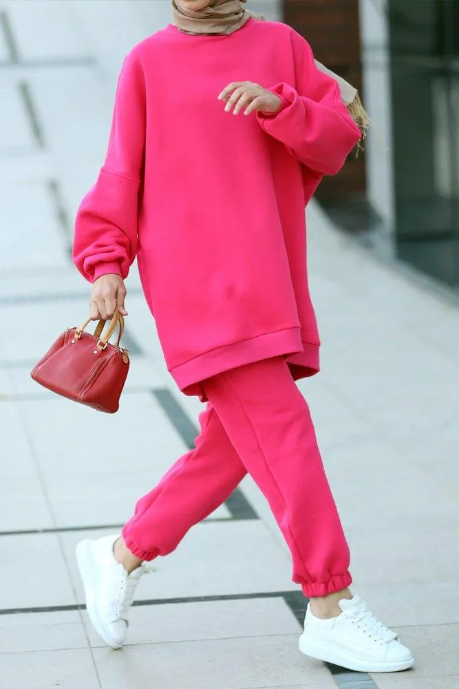 Fuchsia pink Oversized boxy sweatshirt set with track pants