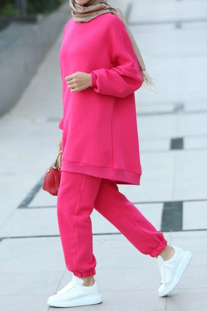 Fuchsia pink Oversized boxy sweatshirt set with track pants