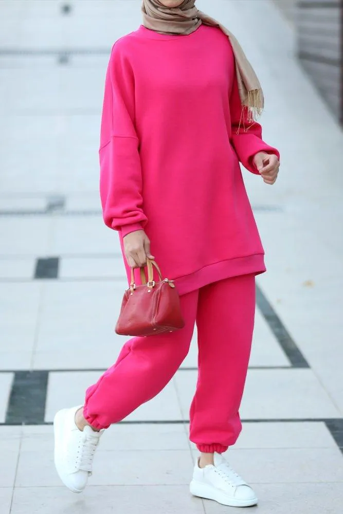 Fuchsia pink Oversized boxy sweatshirt set with track pants