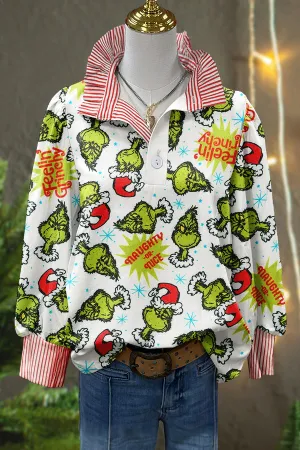 Funny Christmas Grinch Print Puff Sleeve Top