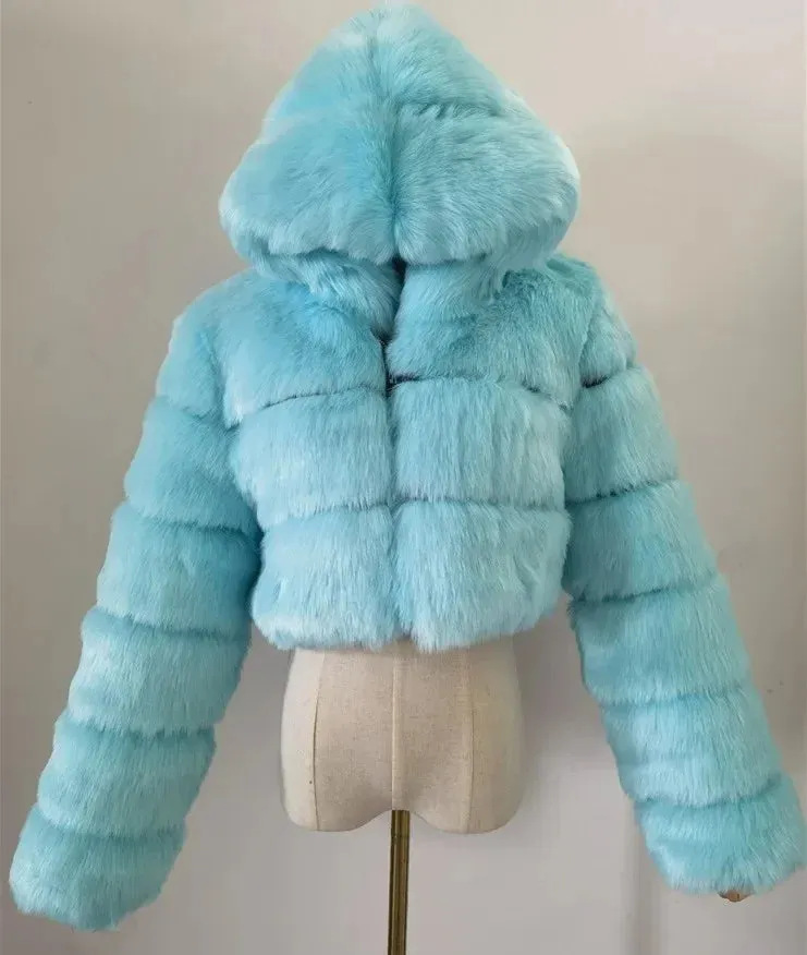 Furry Cropped Faux Fur Coats Jackets Women Fluffy Top Coat Hooded Straight Short Winter Fur Jacket Fashion Streetwear New