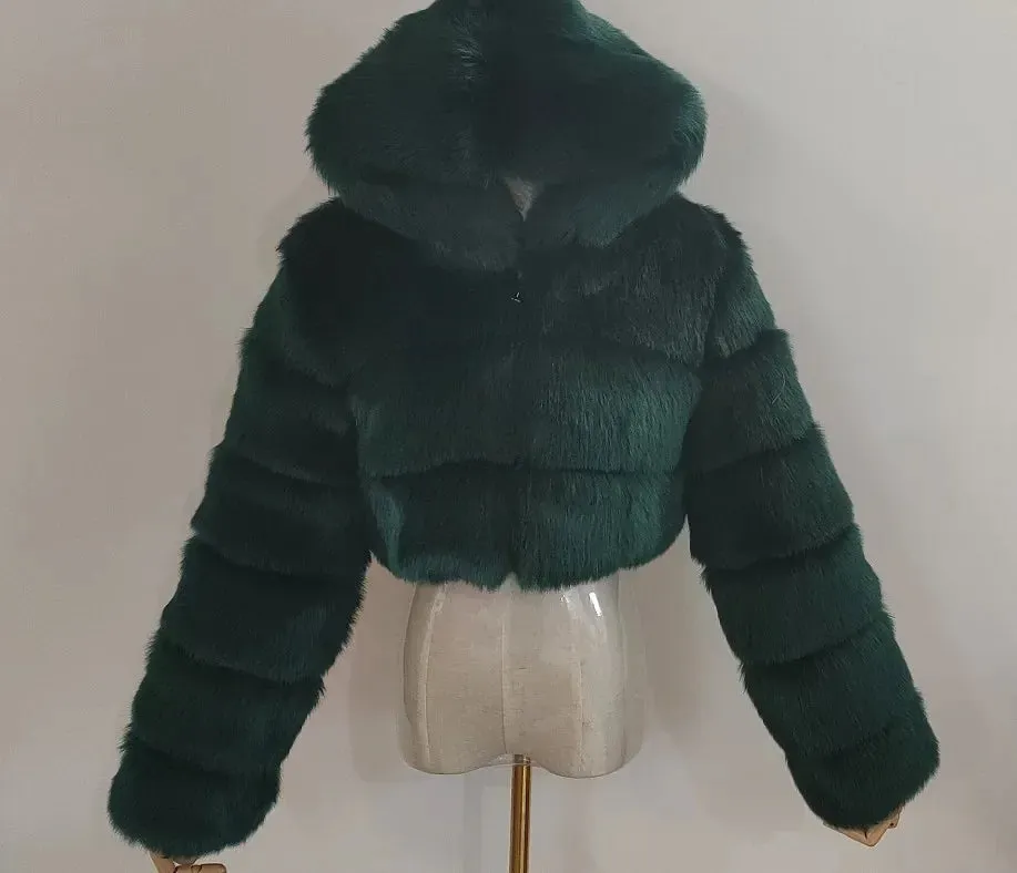 Furry Cropped Faux Fur Coats Jackets Women Fluffy Top Coat Hooded Straight Short Winter Fur Jacket Fashion Streetwear New