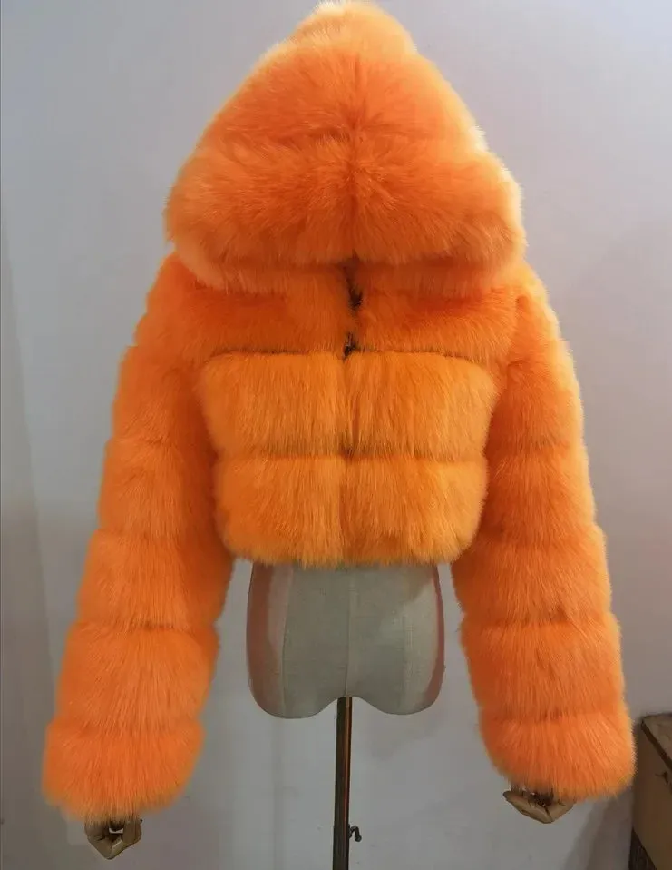 Furry Cropped Faux Fur Coats Jackets Women Fluffy Top Coat Hooded Straight Short Winter Fur Jacket Fashion Streetwear New