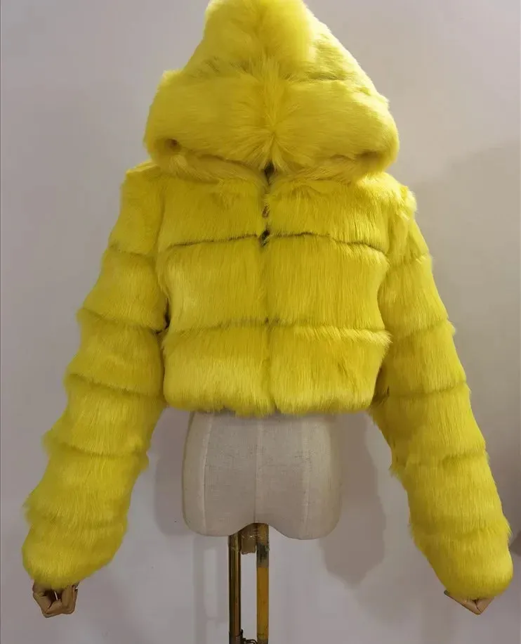 Furry Cropped Faux Fur Coats Jackets Women Fluffy Top Coat Hooded Straight Short Winter Fur Jacket Fashion Streetwear New