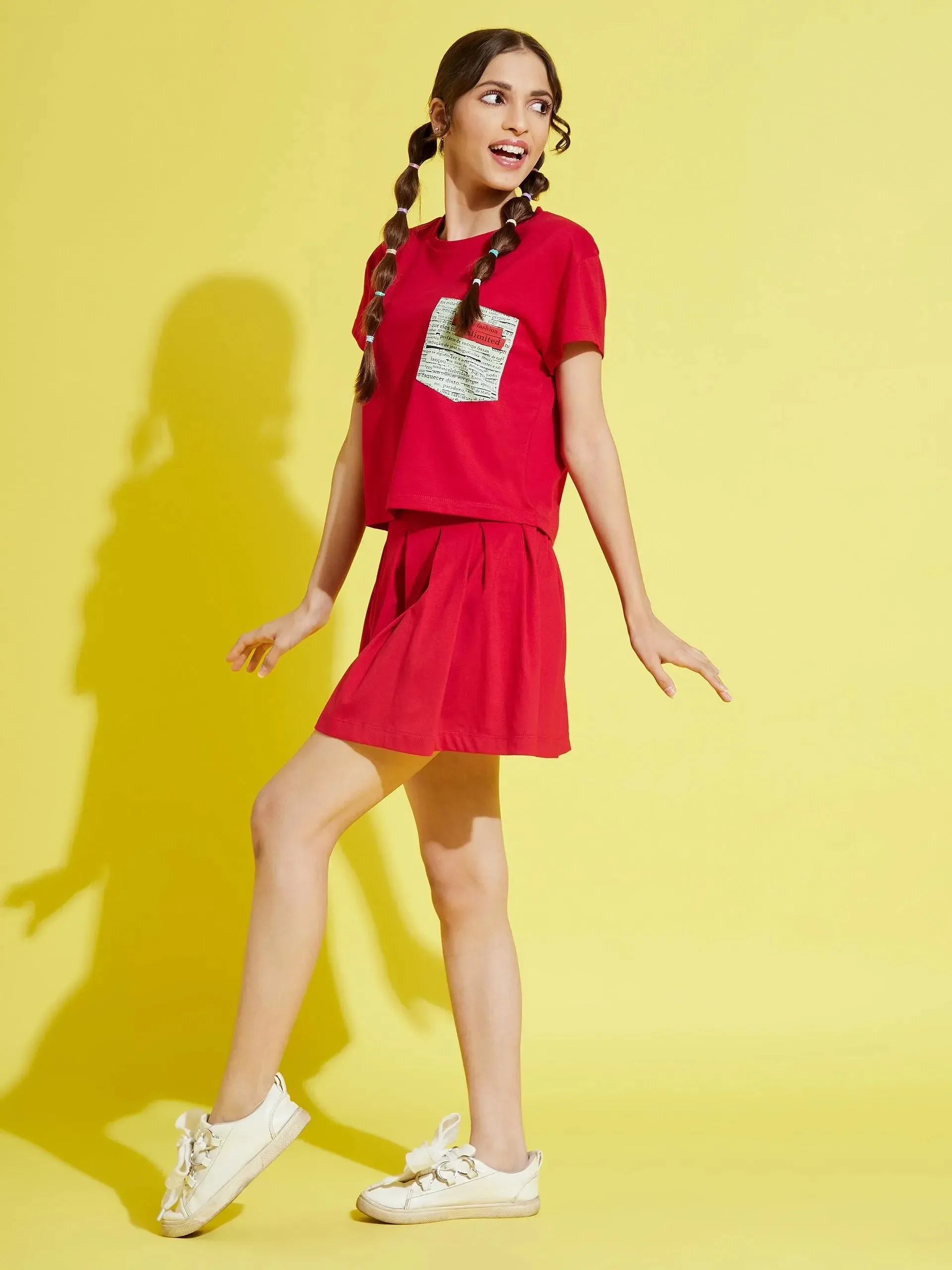Girls Red Front Pleated Jersey Skirt