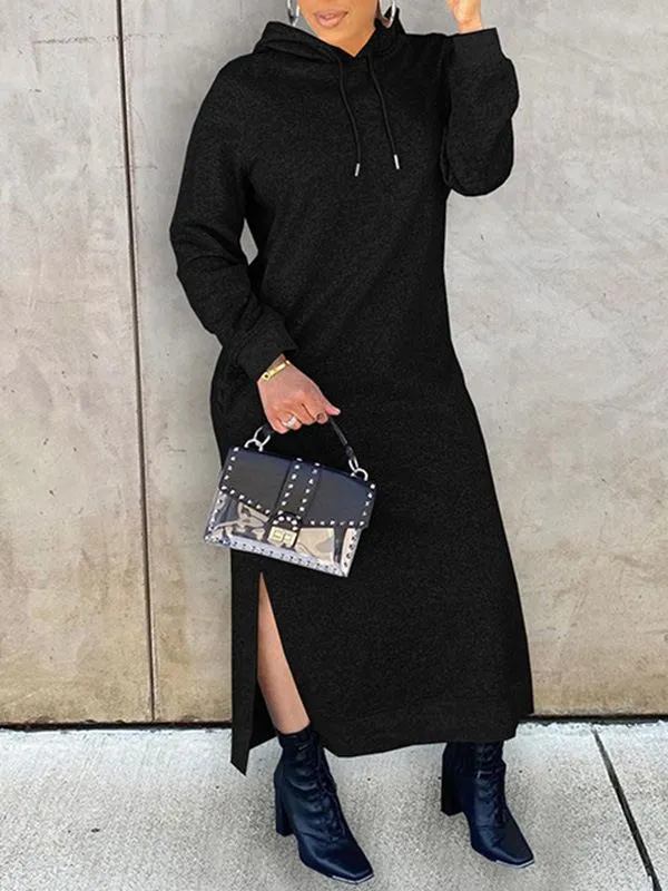 Gorgeousladie Solid Slit Hoodie Dress