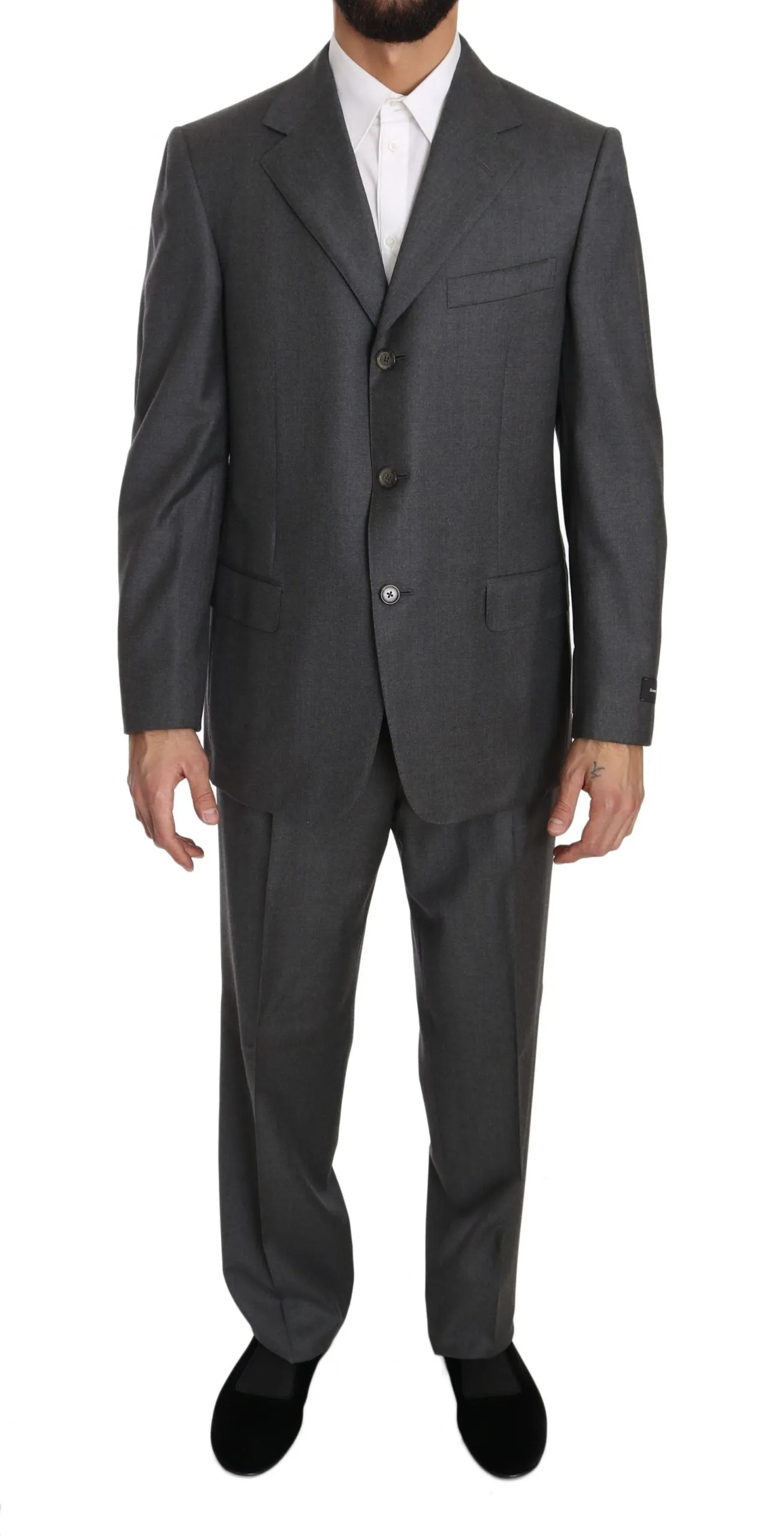 Gray Solid 2 Piece 3 Button Wool Suit