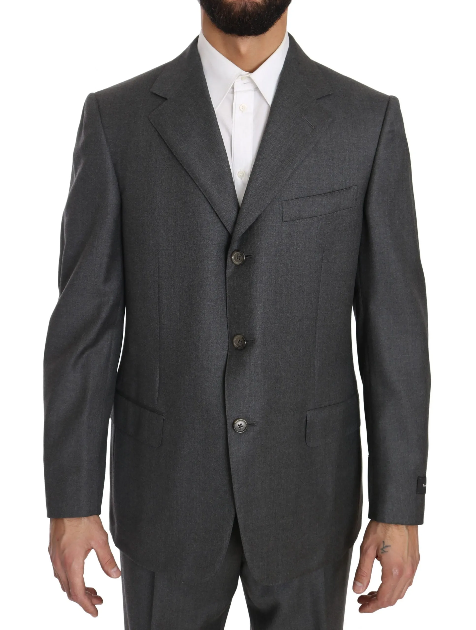 Gray Solid 2 Piece 3 Button Wool Suit