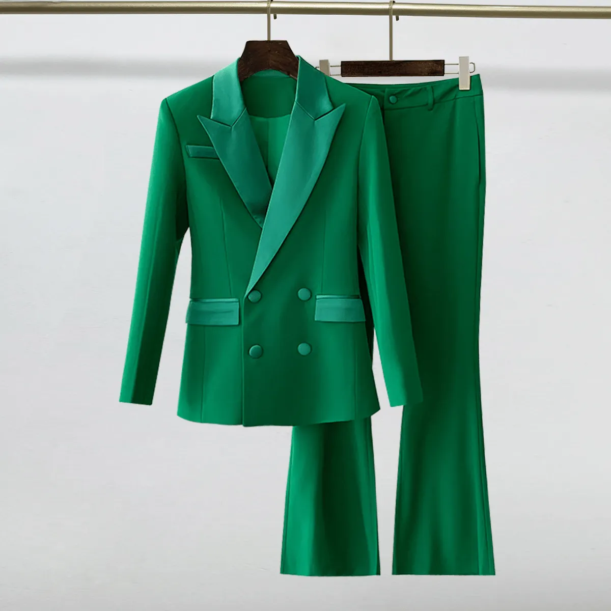 Green 2 Piece Double Breasted Satin Collar Business Casual Slim Fit Women's Suit
