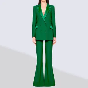 Green 2 Piece Double Breasted Satin Collar Business Casual Slim Fit Women's Suit