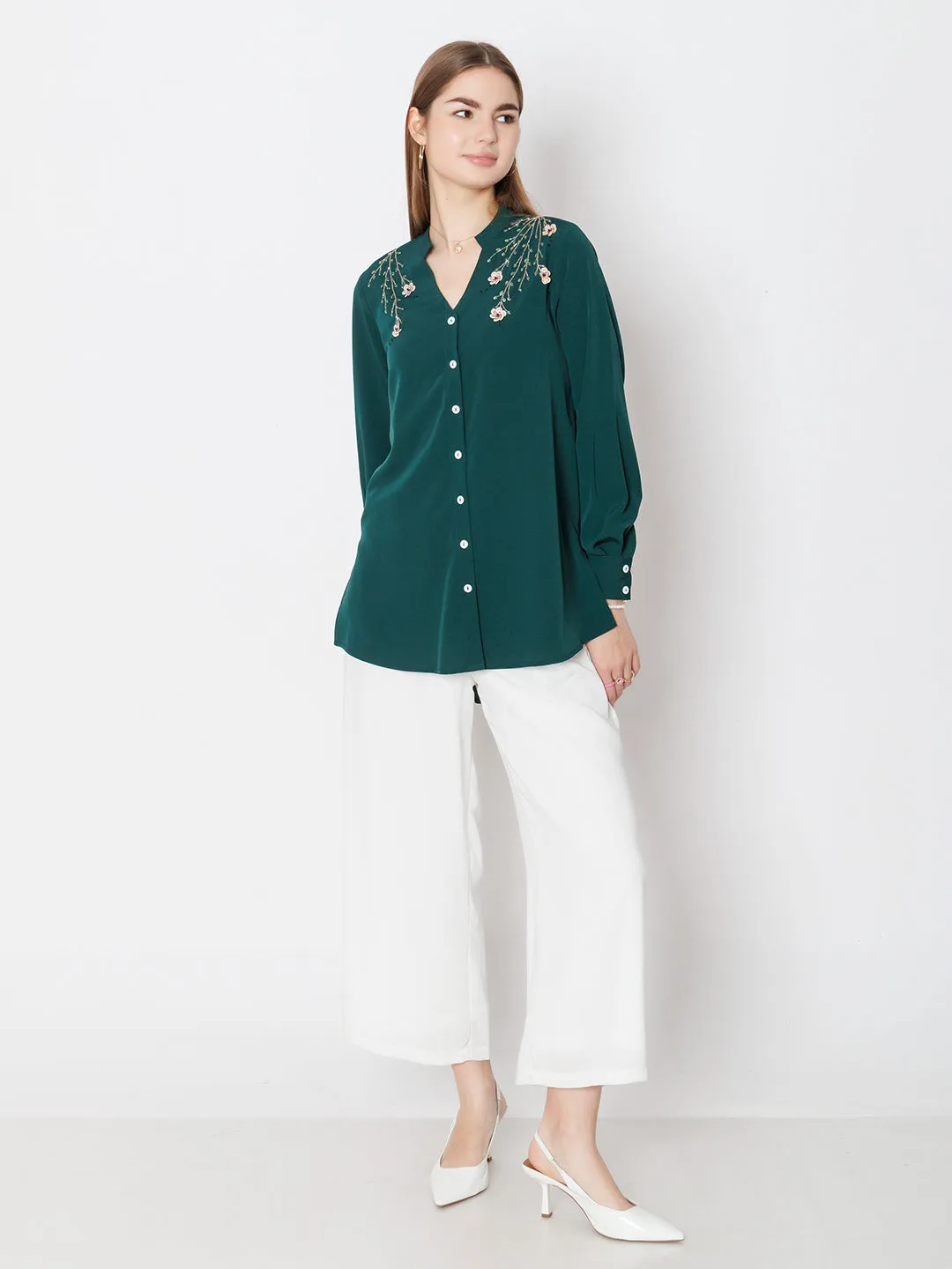 Green Embroidered Basic Shirt