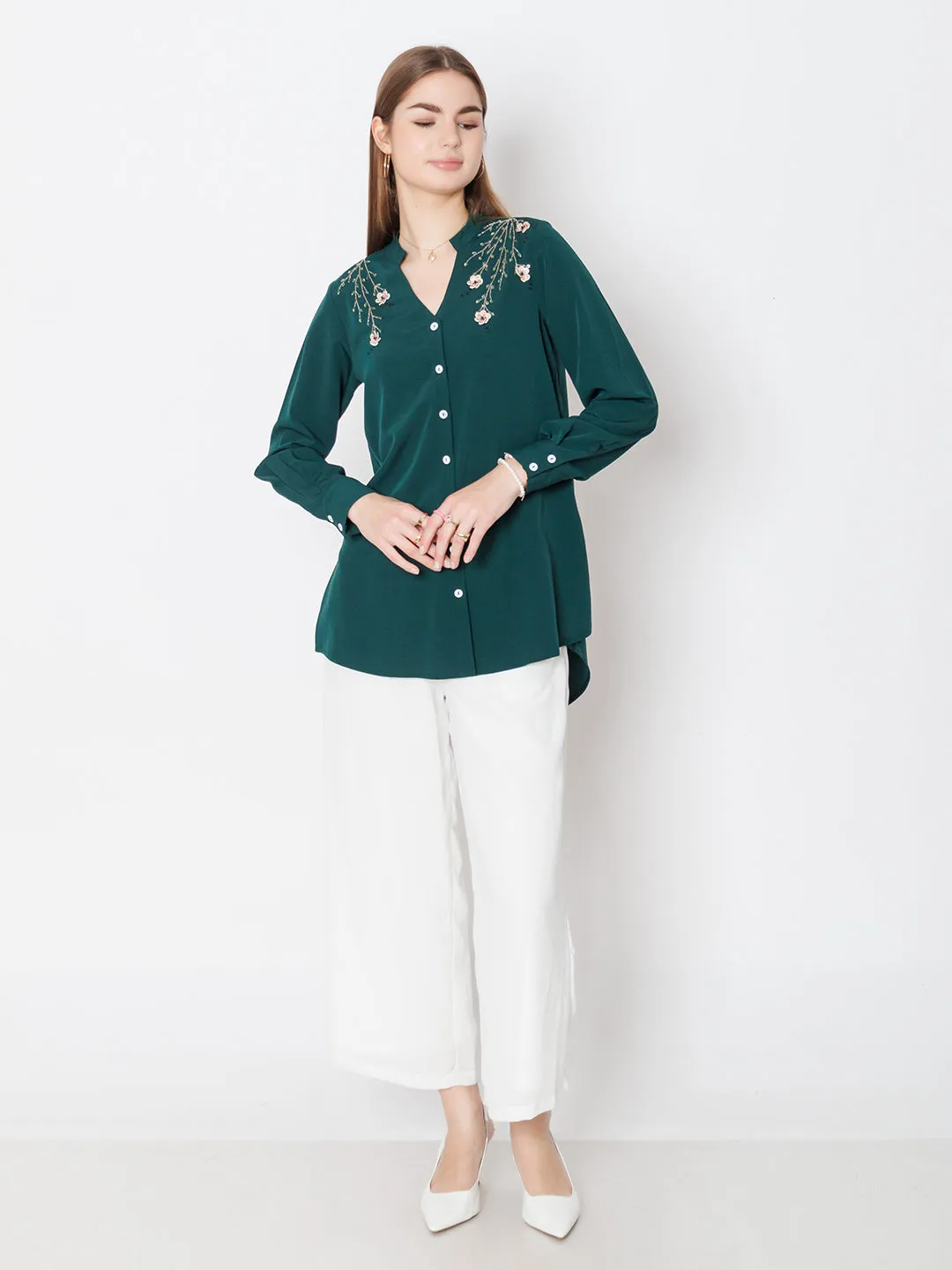 Green Embroidered Basic Shirt