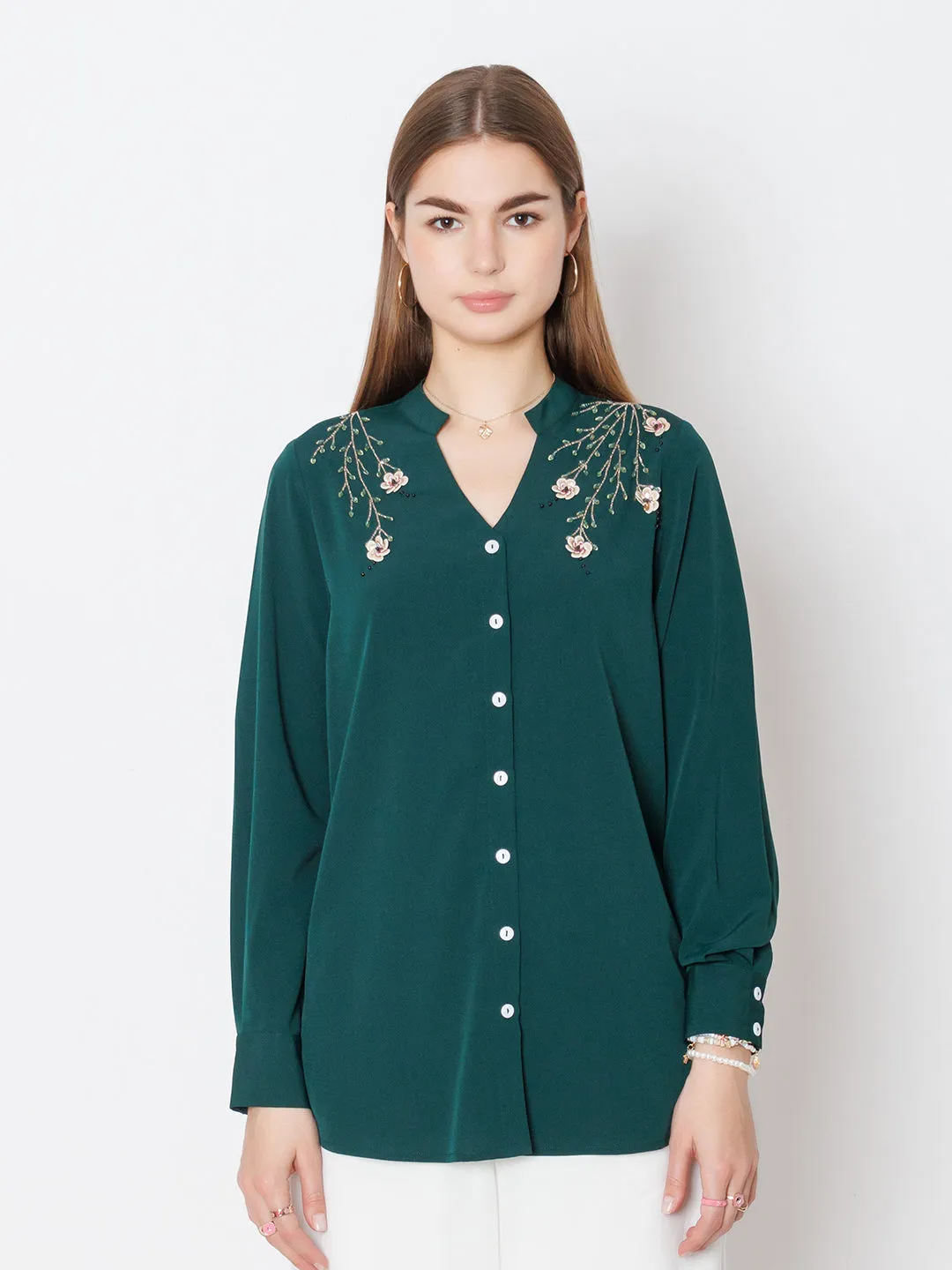 Green Embroidered Basic Shirt