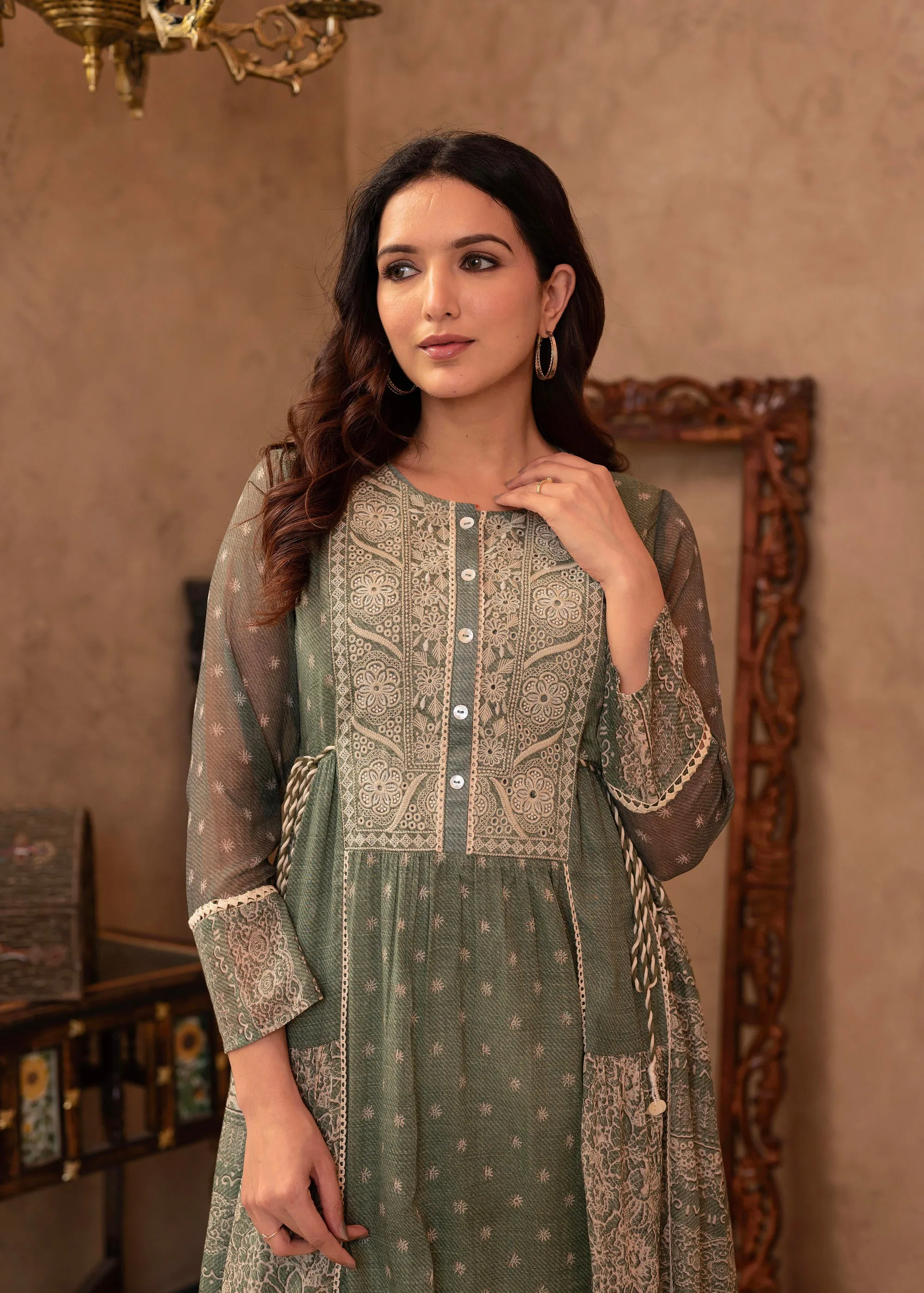Green Floral Embroidered Cotton Dress with Tassels & Denim Look
