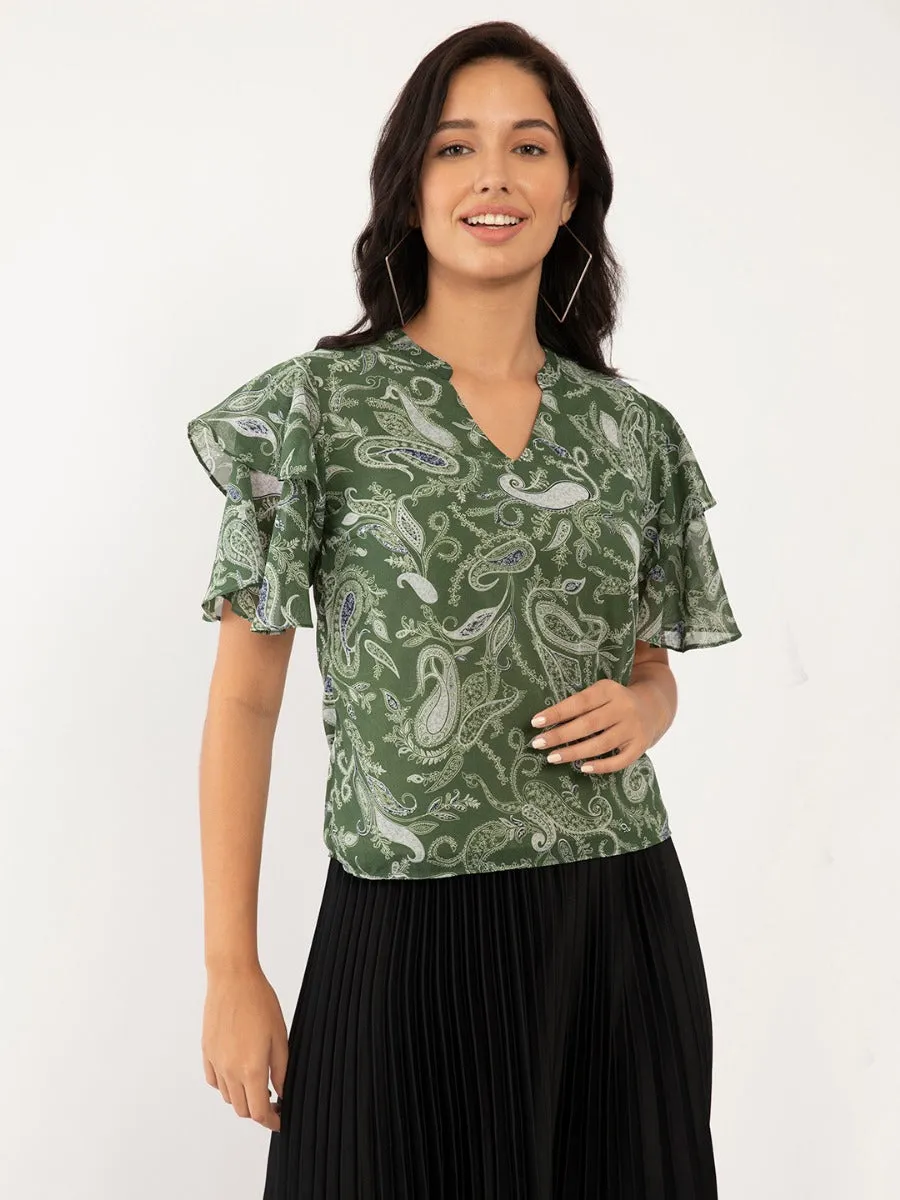 Green Floral Print Flared Sleeve Top