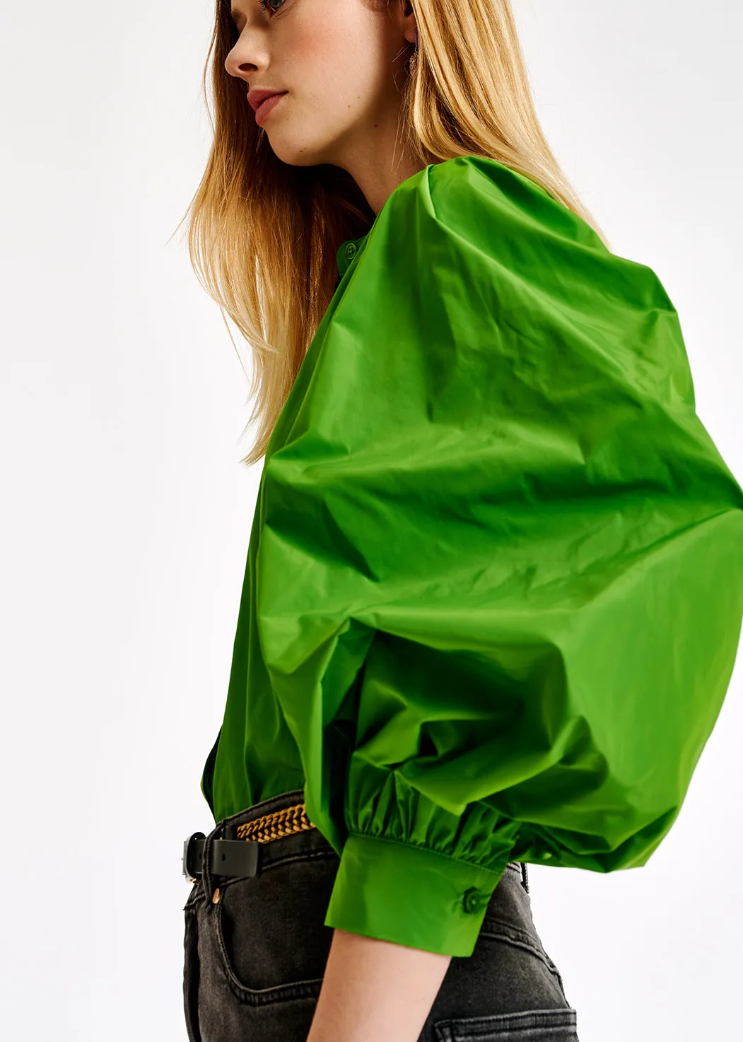Green puffed-sleeve top
