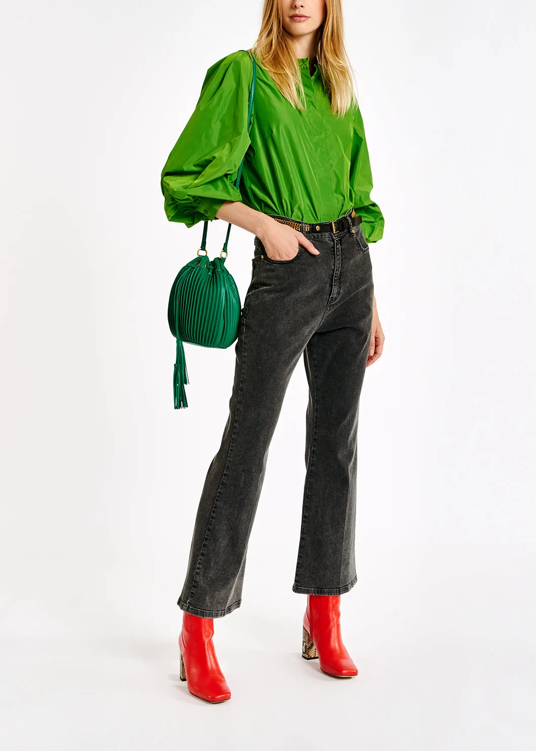 Green puffed-sleeve top