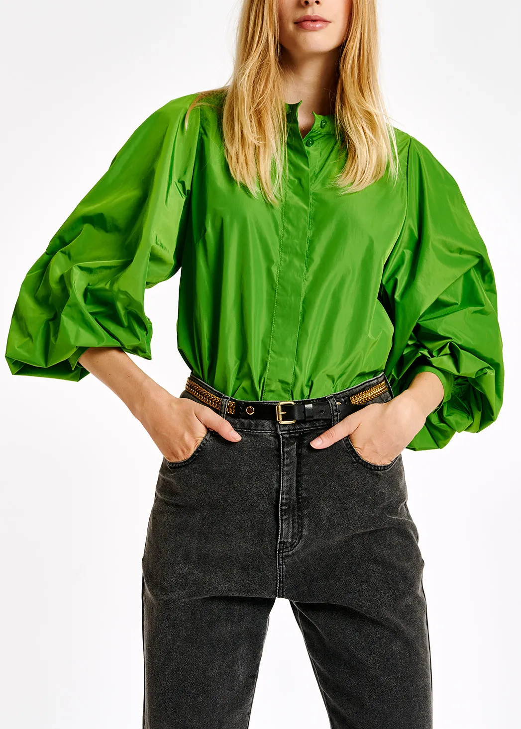 Green puffed-sleeve top